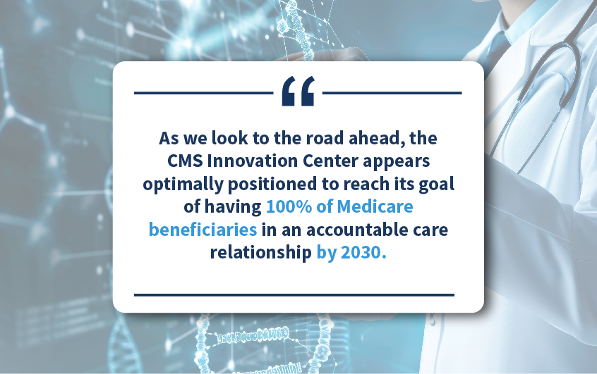 This is a graphic with a quote that says "as we look to the road ahead, the CMS Innovation Center appears optimally positioned to reach its goal of having 100% of Medicare beneficiaries in an accountable care relationship by 2030"